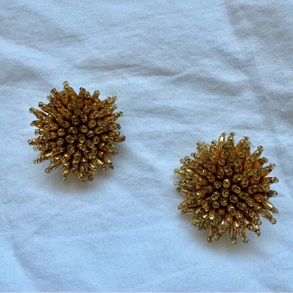 Vintage Circa 1960s Gold Tone Beaded Starburst Clip on Earrings